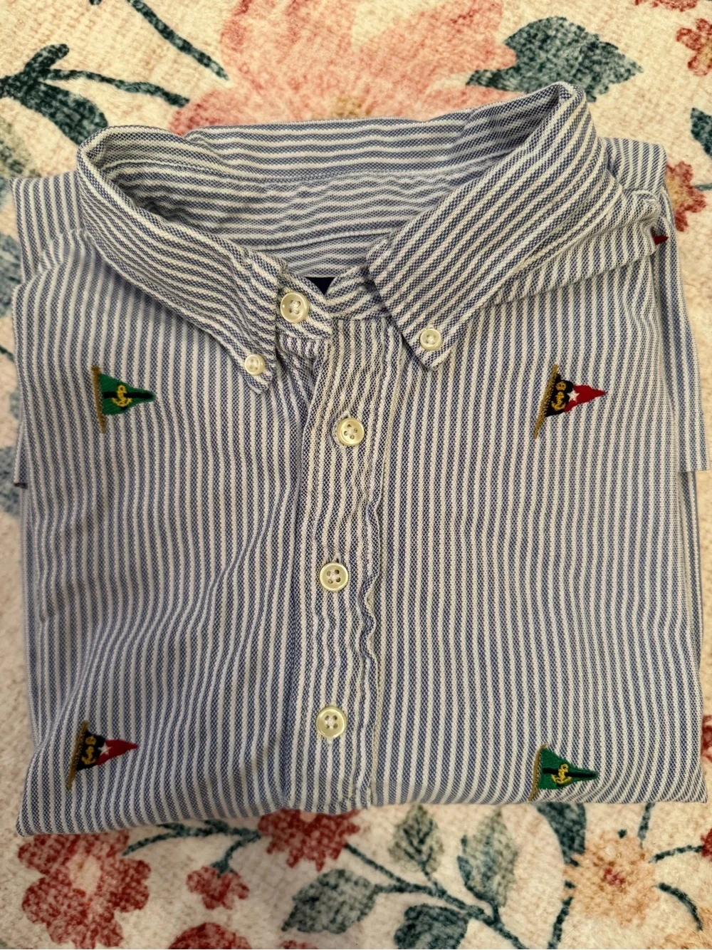 Ralph Lauren Blue and White Striped Short-Sleeve Polo with Embroidered Pennants